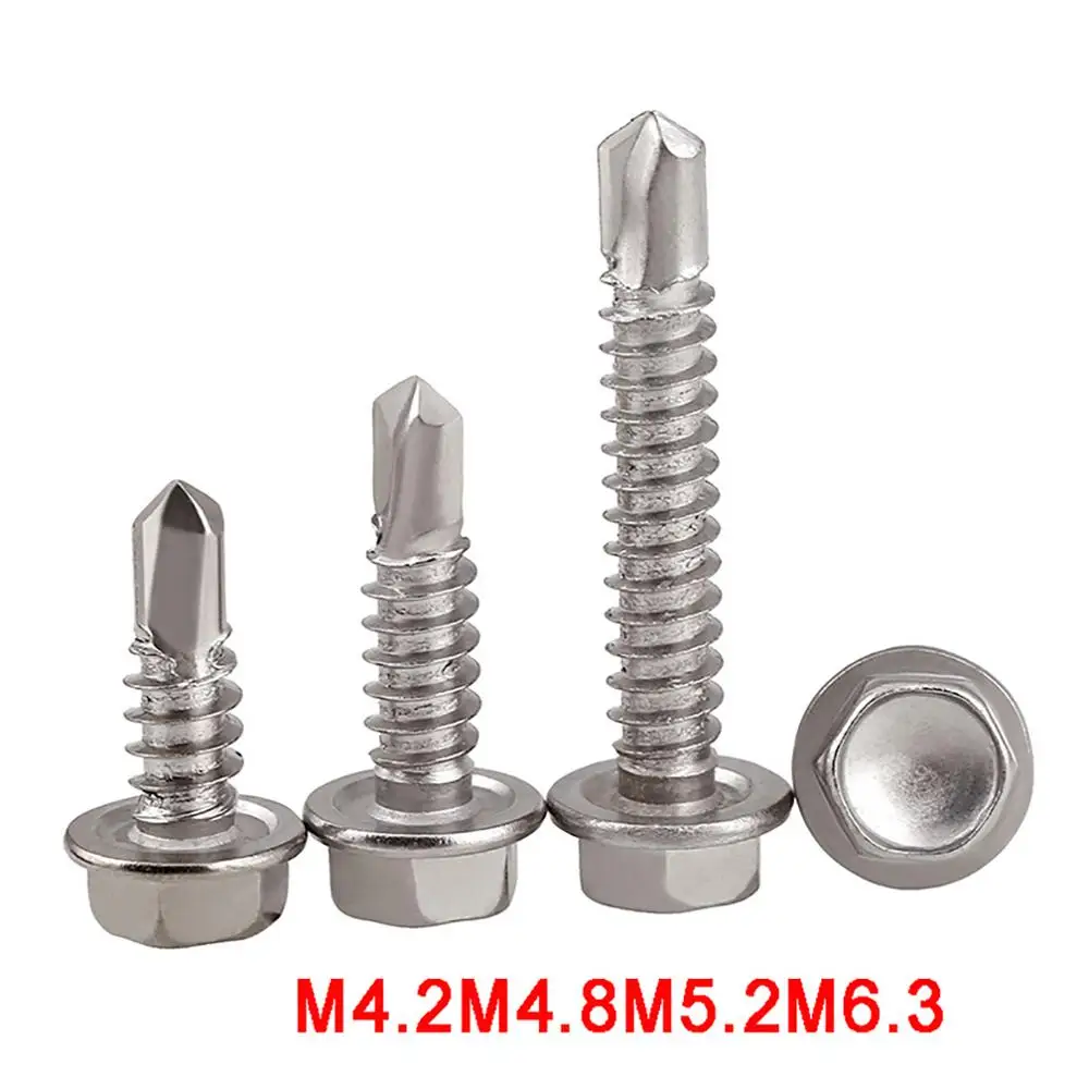 M4.2 M4.8 M5.2 M6.3 Hex Washer Head Self Drilling Screws 410 Stainless Steel Hexagon Head With Pad Collar Sheet Metal Screws