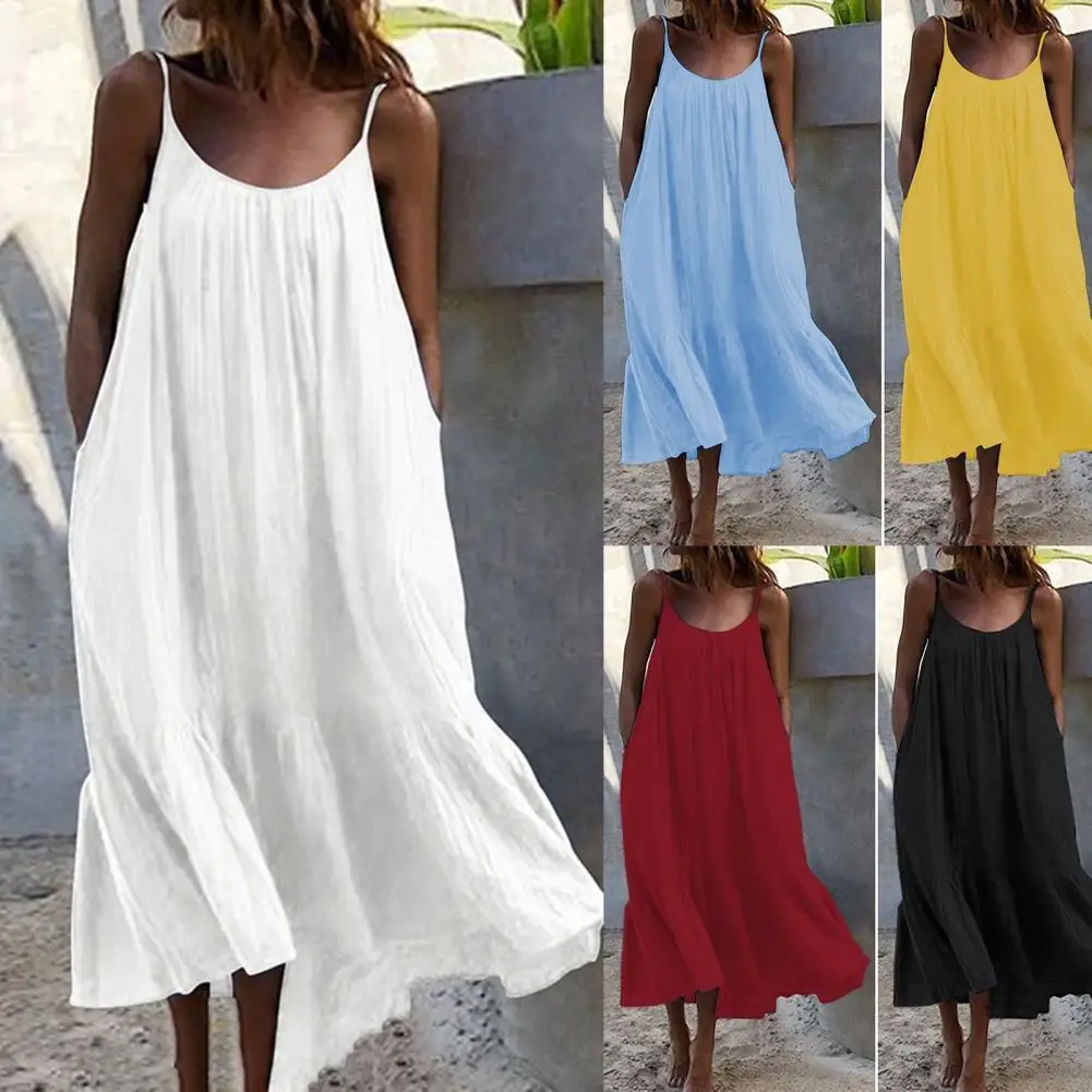 Summer Dress Low Round Neck Loose Casual Women Sling Solid Color Dress for Beach Sexy Sleeveless Solid Vestidos Party Robe Femme