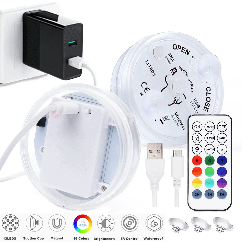 13 LEDs Magnetic Submersible LED Light Waterproof Underwater Light USB Rechargeable Swimming Pool Night Lamp With Suction Cups