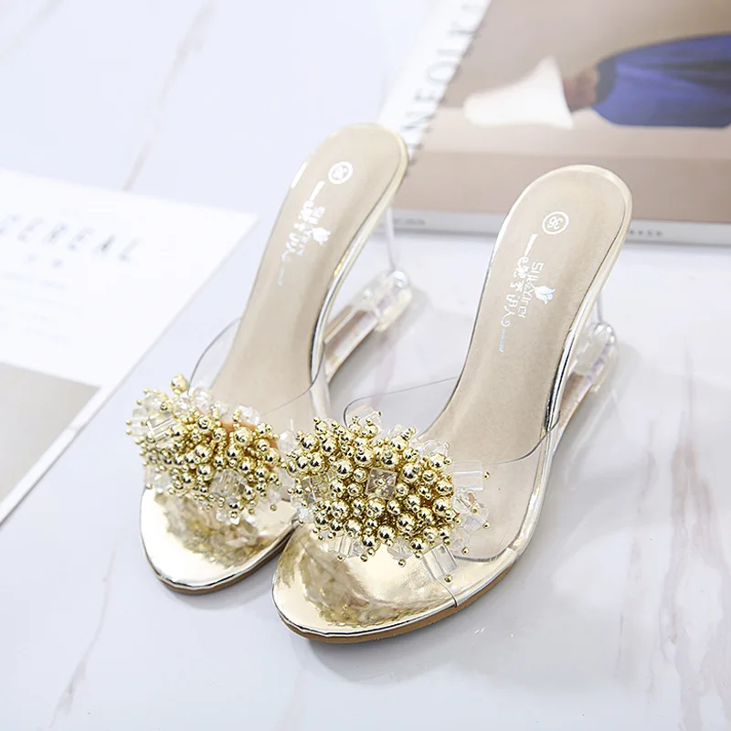 Women Wedge Slippers Sexy Crystal Transparent High Heels Sandals Glass Rhinestone Slippers Size 34-43 Sapatos De Mujer