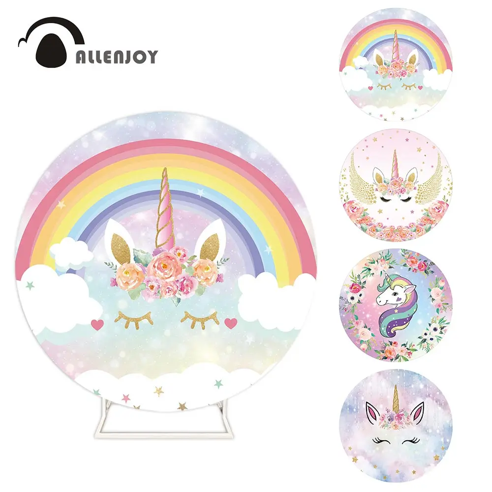 

Allenjoy Unicorn Photocall Flower Leaves Glitter Rainbow Circle Decoration backdrop Baby Shower Child Birthday Party Curtain