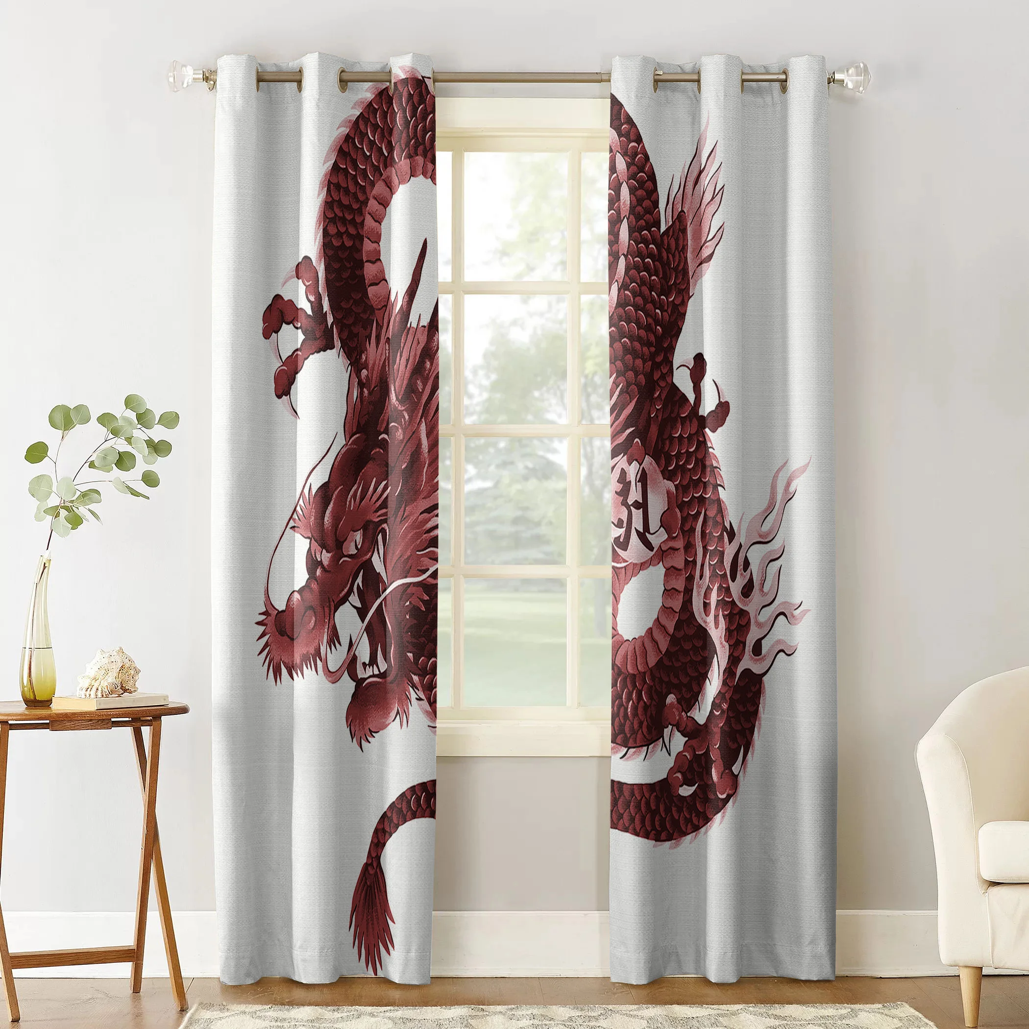 Asian Red Angry Dragon Modern Window Curtains For Living Room Bedroom Kitchen Window Treatment Drapes Home Hotel Decoration