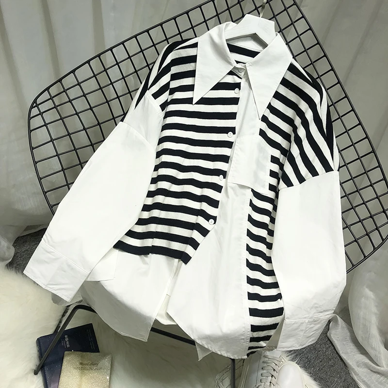 Women White Blouse Stripe Patchwork Shirt Oversized Irregular Label Collar Fake Two Pieces Shirt Fashion Spring Autumn