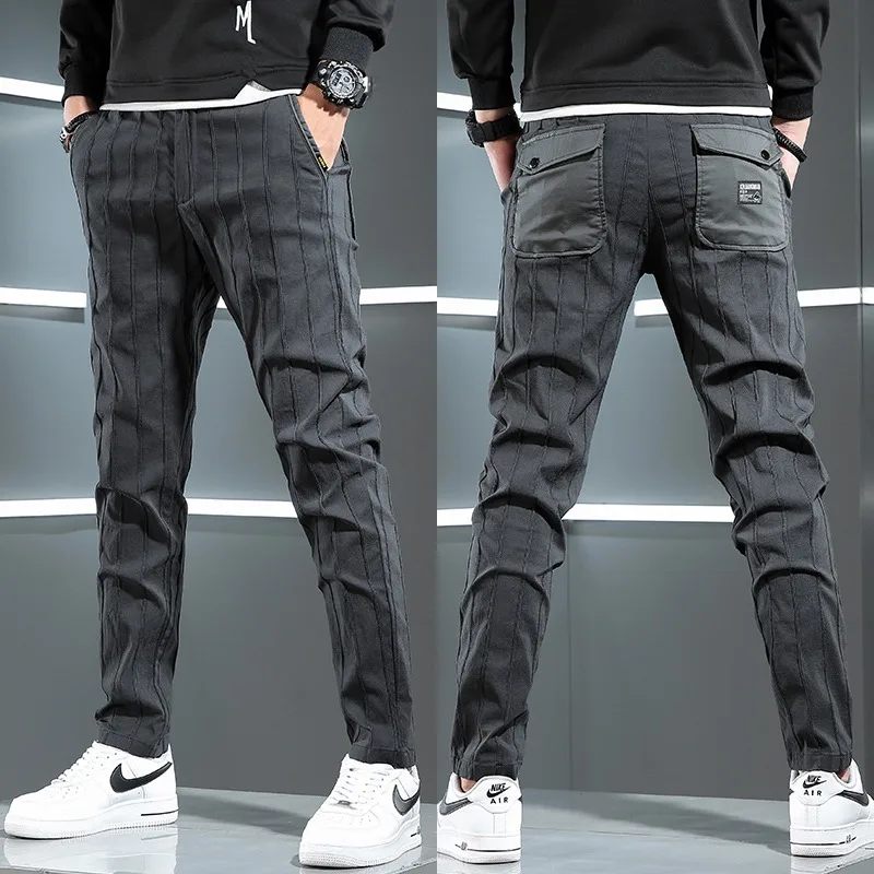 

New Men Striped Casual Pants Korean Streetwear Gray Slim Fit Trousers