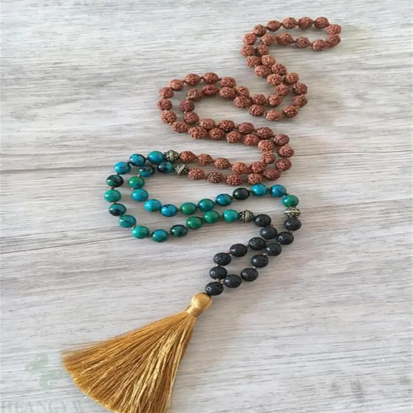 

8mm Rudraksha Malachite volcanics Mala Necklace 108 Gemstone pray Hot Wrist Stress Sutra Multicolor natural Tassel Prayer Men