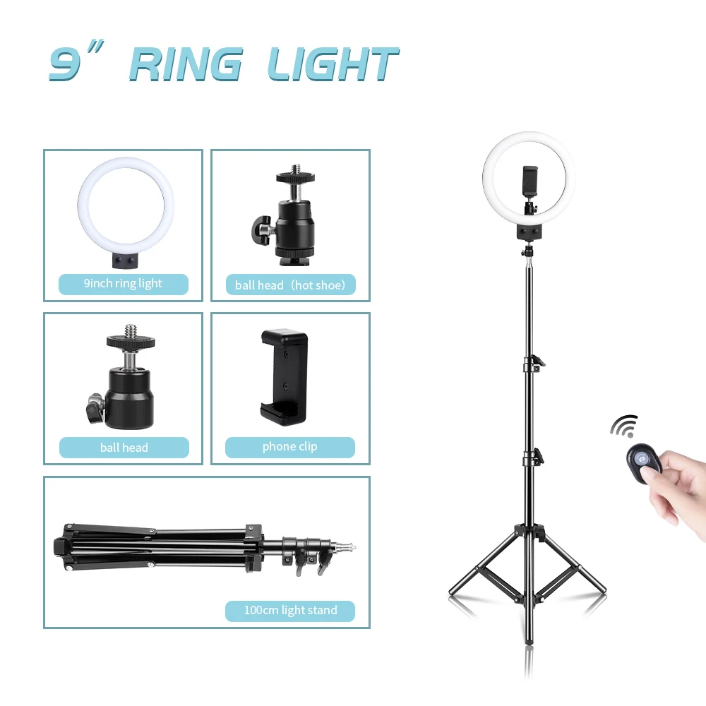 SH 9inch Stepless Dimmable LED Selfie Ring Light with Tripod and Bluetooth for Makeup Video Live Ring Lamp Photographic Lighting