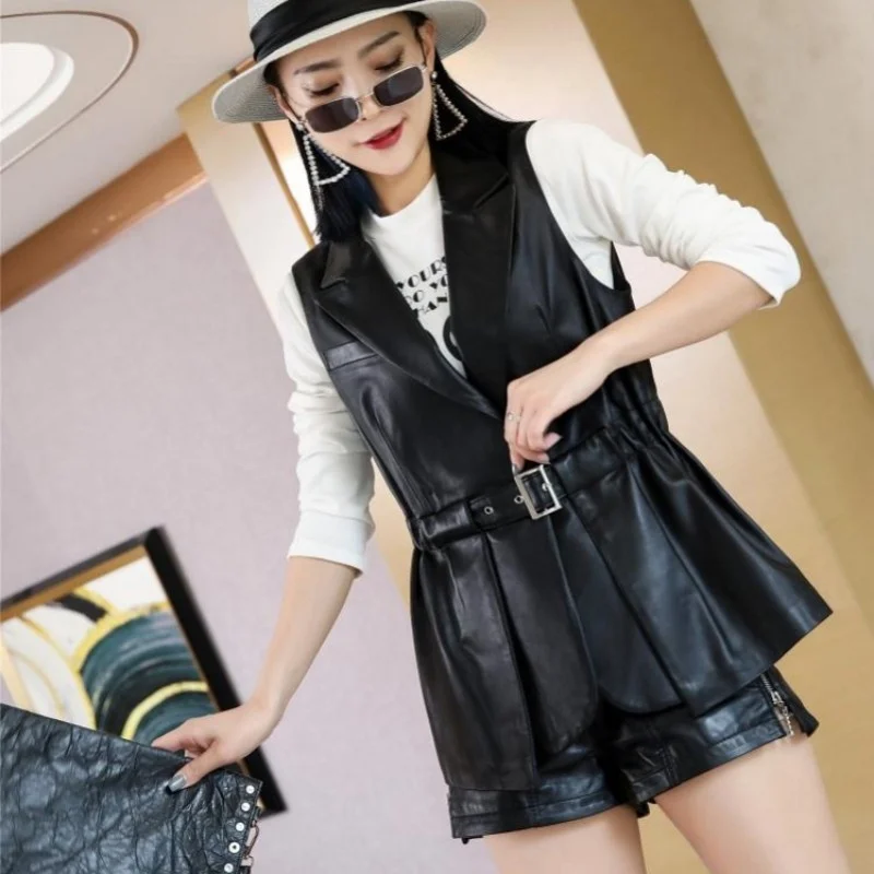 Genuine Spring Leather Sleeveless Suit Jacket Women Sheepskin Vest Coat Punk Casual Waistcoat Ladies Fashion Motorcycle Vests