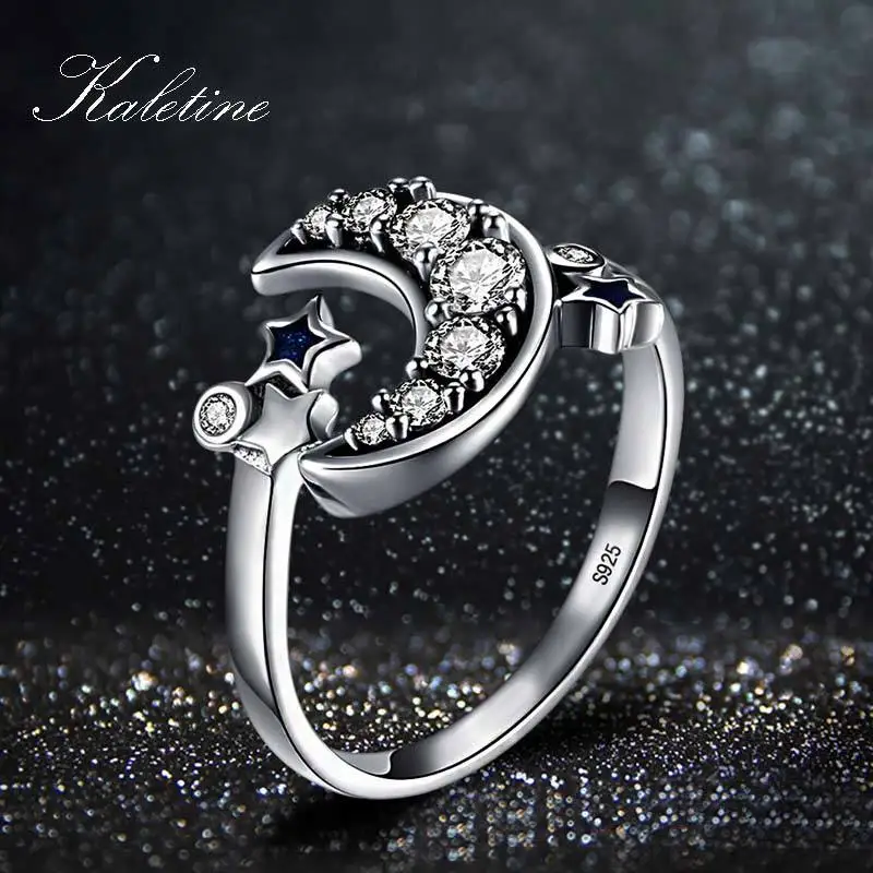 Kaletine 925 Sterling Silver Adjustable Ring Crescent Moon Blue Star Open Finger Rings for Women Wedding Engagement Jewelry Gift