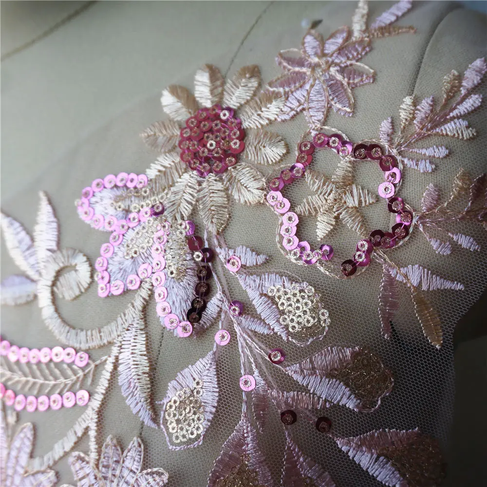 1 Set 2PCS Pink Sequin Flower Lace Fabric Embroidered Gown Appliques Collar Mesh Sew Patches For Wedding Decoration Dress DIY