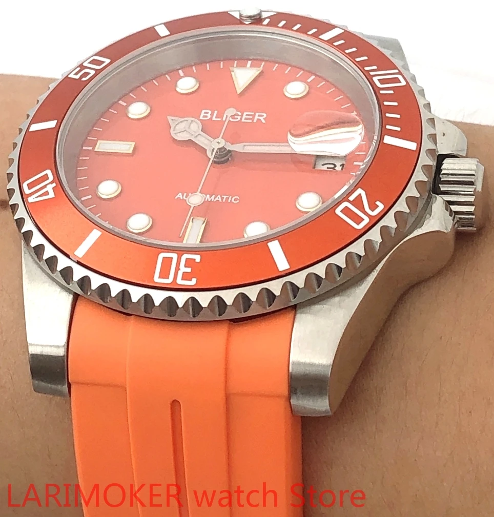 BLIGER Sapphire Glass Ceramic Bezel Orange Dial Orange Super Bright Automatic Winding Fashion Domineering Men\'s Watch Luminous