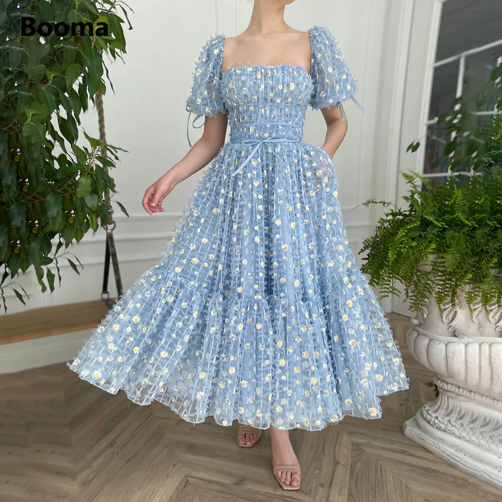 Booma Blue Square Neck Midi Prom Dresses Short Sleeves Daisies Lace Prom Gowns with Pockets Tea-Length Wedding Party Dresses