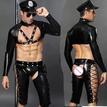 Sexy Faux Leather Male Sexy Police Costume Hot Erotic Cop Uniform Set Adult Men Role Play Costume Sex Clothes Top + Pants + Hat