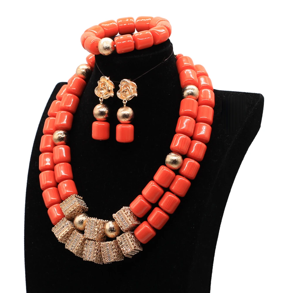 Nigeria Wedding Jewelry Set Imitation Coral Beads Golden Pendant Necklace for Women Resin Material African Bride Accessorise