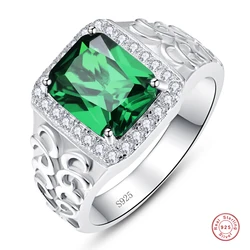 925 Sterling Silver Square Emerald Rings White Cubic Zirconia Hollow Flowers Zircon Wedding Engagement Ring for Men