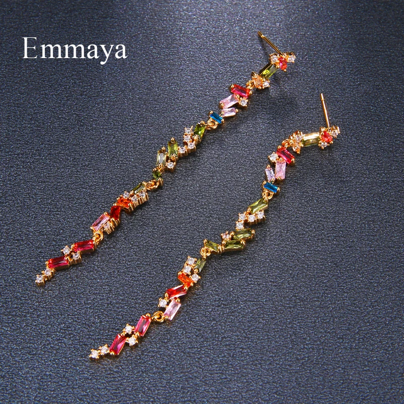 Emmaya Fascinating Design Rainbow Colors Geometry Zirconia Long Earring For Female Elegant Dress-up Wedding Party Eye-catching