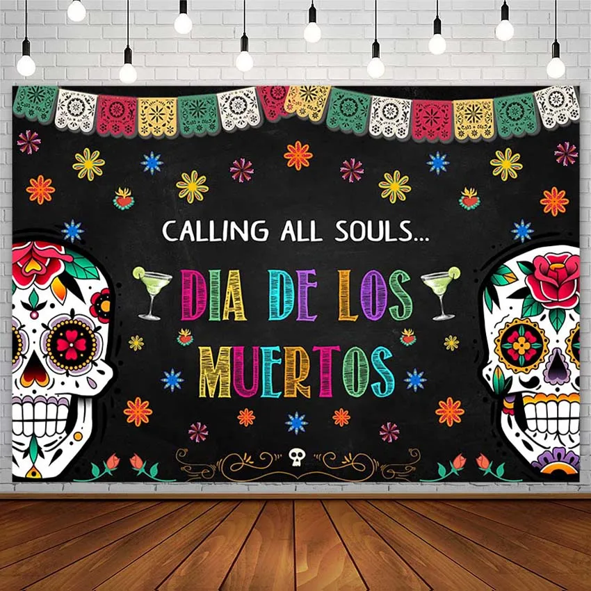 Day of The Dead Backdrop for Mexican Fiesta Sugar Skull Flower Dia DE Los Muertos Photography Background Party Decoration Banner