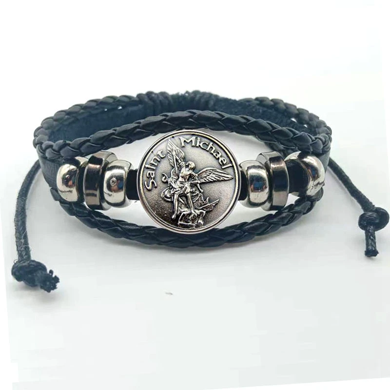 New Men's Leather Bracel Archangel St. Michael Protects My Shield Protects Russian Charm Orhodox Pendant Gift