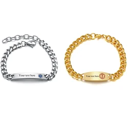 Unisex Stainless Steel Medical Alert Identification Bracelets Personalized Engrave Curb Cuban Chain ID Bracelet
