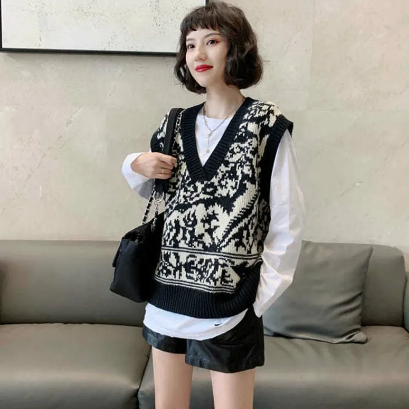 Sweter kamizelka z dzianiny damskie Harajuku Vintage dekolt w serek koreański styl bez rękawów luźne topy na co dzień eleganckie piękne Ulzzang