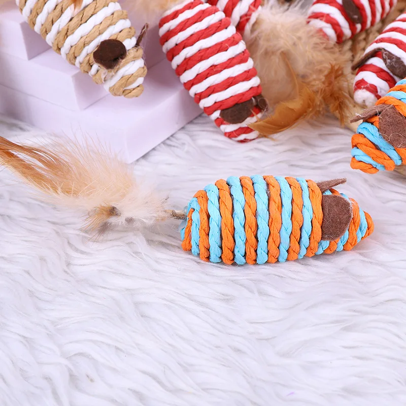 5Pcs/lot Fur False Mouse Pet Cat Toys Feather Sisal Rope Toy Cats Mini Funny Playing Toys Interactive For Cats Scratch Kitten