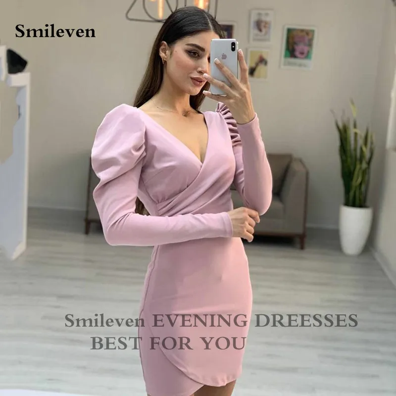 

Розовое вечернее мини-платье Smileven с длинным рукавом, матовое эластичное мягкое вечерние ласное платье для выпускного вечера, сексуальное платье знаменитости с V-образным вырезом, 2022