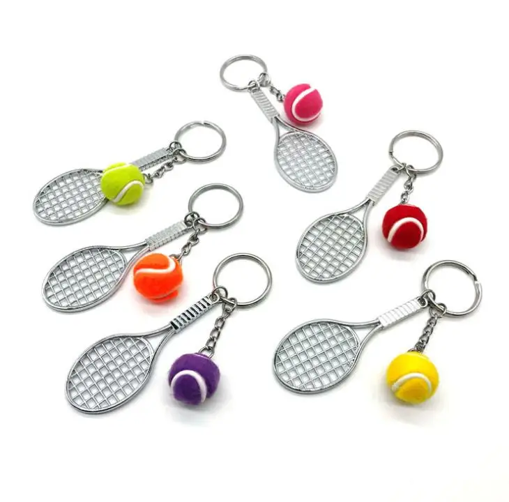 100pcs/lot Alloy Key Chains Tennis Ball Racket Multiple Color Casual Sporty Style Men Women Teenager KeyRing KeyChain SN1907