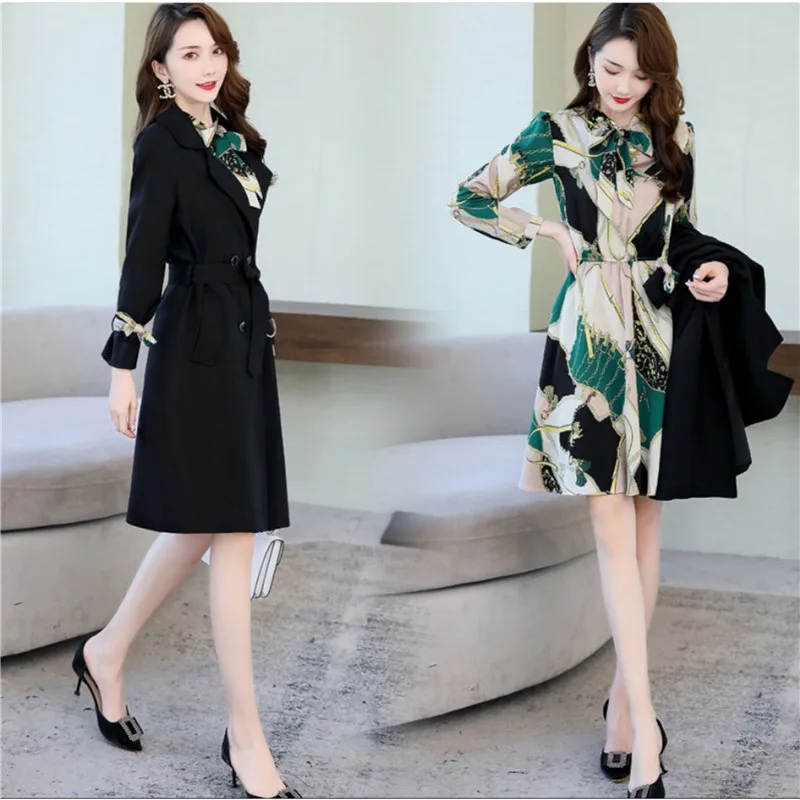 Spring Autumn Trench Coat Slim OL Ladies Trench Coat Women Dress Women Windbreakers Plus Size Two Pieces Women Sets Trench Coats