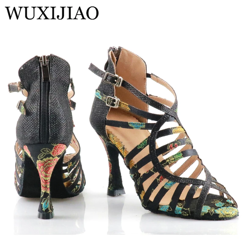 WUXIJIAO Women Latin Dance Shoes Salsa Rumba Samba Ballroom Party Non-Slip Sneakers Ladies Wedding High Heels BLUE BLACK