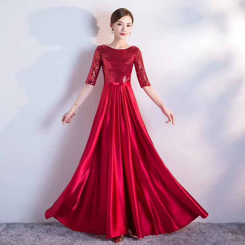 Floor Length Evening Dress 2019 New Stylish O-neck Formal Dress a Line Half Sleeve Satin Banquet Party Dresses Vestido De Festa