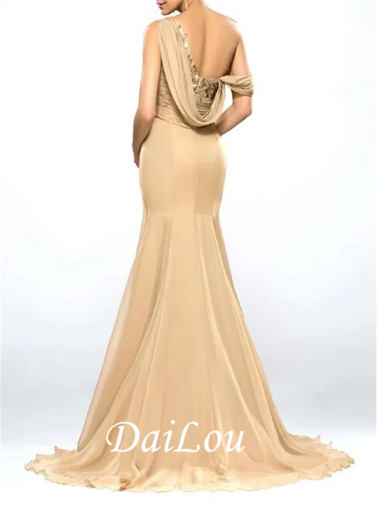 Mermaid / Trumpet Beautiful Back Sexy Wedding Guest Formal Evening Dress One Shoulder Chiffon with Split Appliques 2022