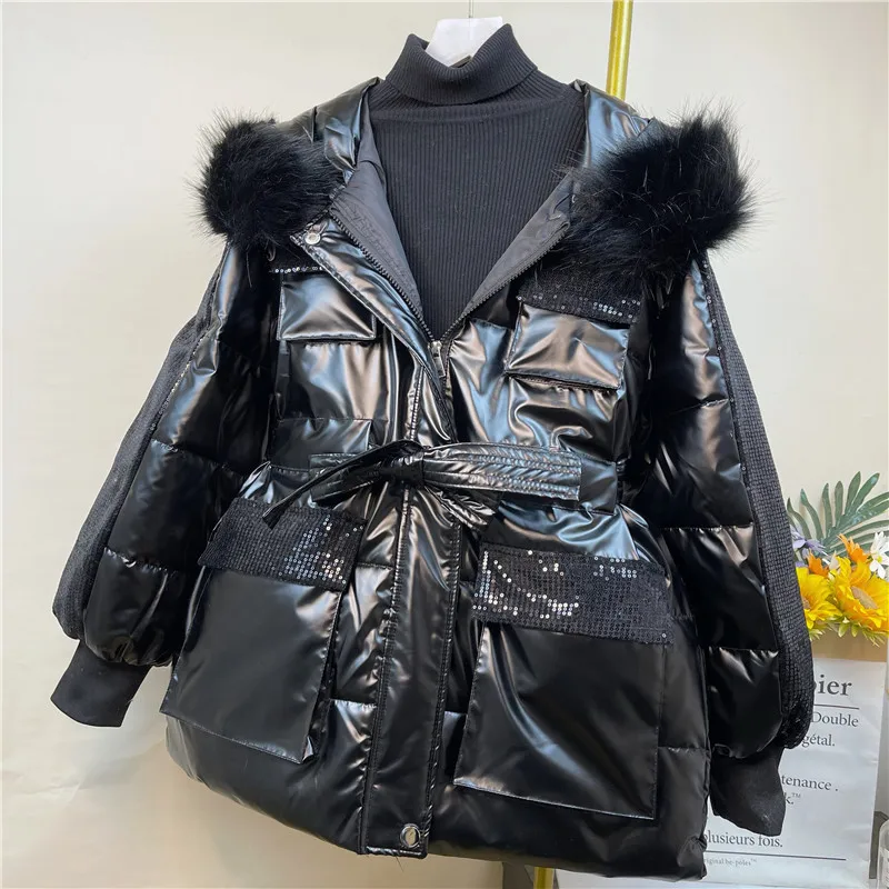 Imagem -03 - para Baixo Algodão-acolchoado Jaquetas para Mulheres Novo Inverno Coreano Solto Mid-length Parkas Genuíno Gola de Pele de Lantejoulas Estudantes Cabolsas Branco