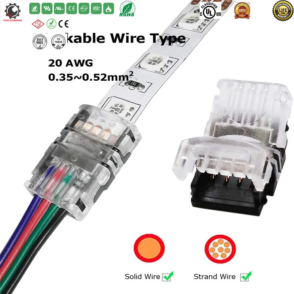 RGB LED Connector for 4Pin 5050 Non-Waterproof LED Strip Lights- Strip to Wire Quick Connection,20 - 18 AWG Wire No Stripping