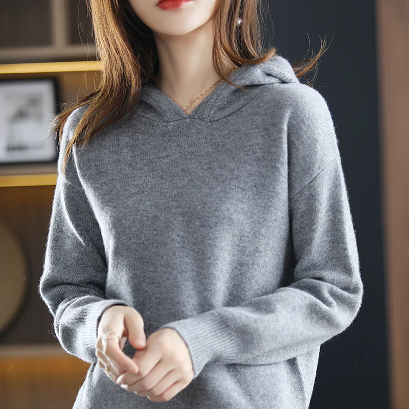 100% pure wool suit ladies hooded collar pullover casual plus size top loose wide-leg pants trousers winter two-piece suit