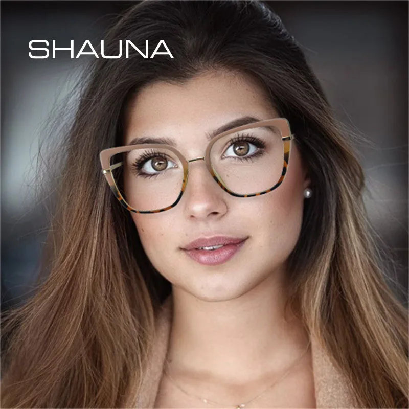 SHAUNA Fashion Cat Eye Women Optical Eyeglasses Retro  Anti-Blue Light Spring Hinge Computer Glasses