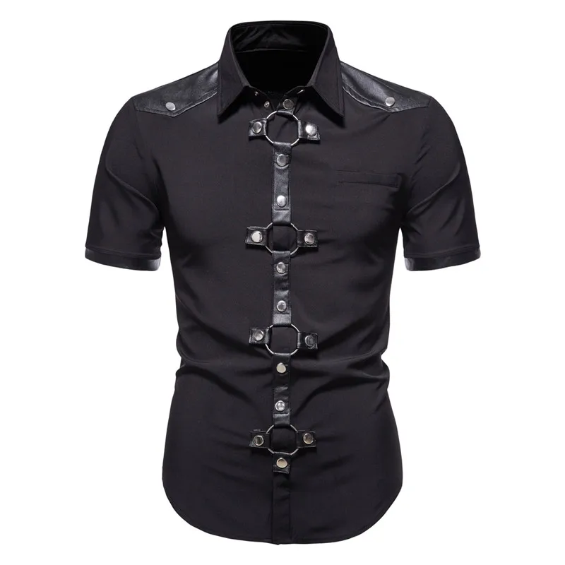 Mens Dress Shirts Short Sleeve Summer Goth Style Rivet Solid Color Social Shirt Homme Men Steampunk Slim Fit Chemise Streetwear