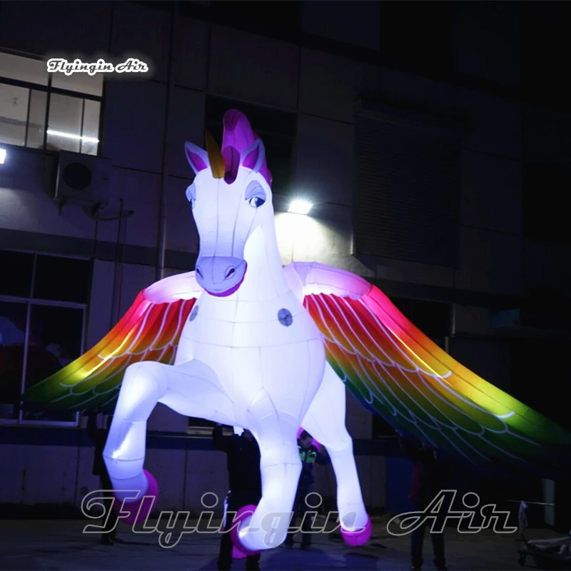 

Holy Giant Lighting Inflatable Unicorn 5m Hanging Cartoon Animal Mascot Model Flying Horse Balloon With Wings For Stage Show