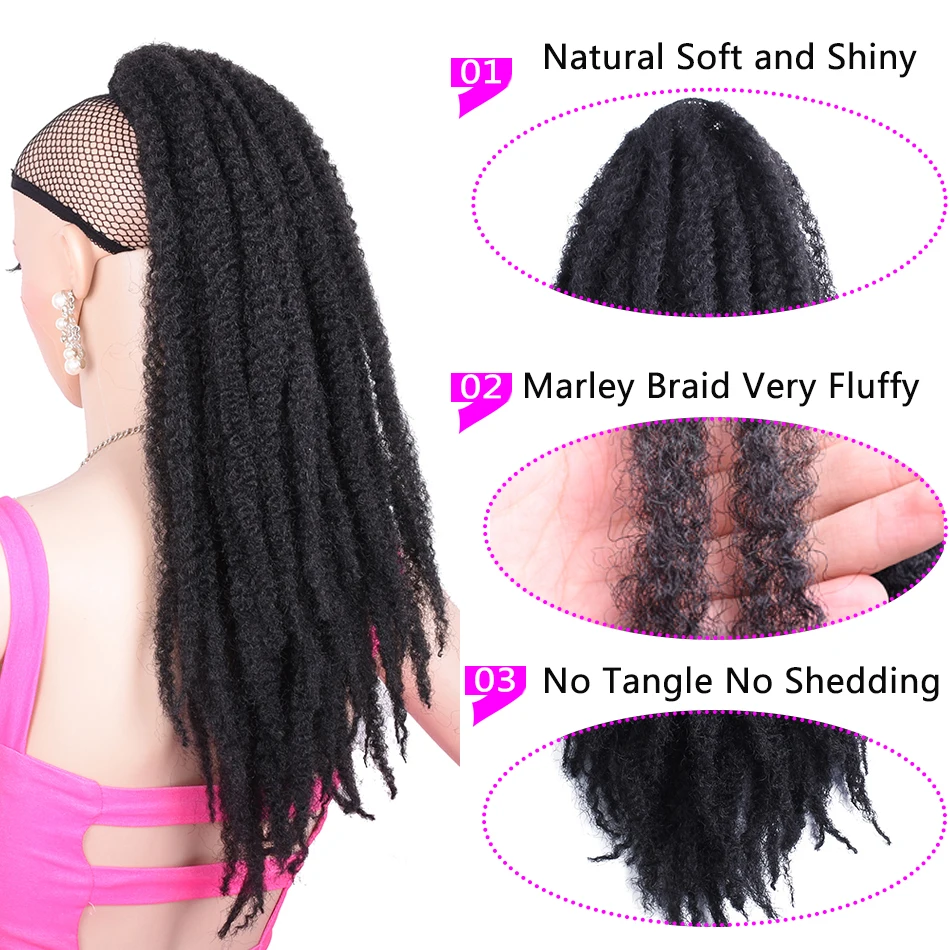 18 polegada longo afro kinky encaracolado cordão rabo de cavalo peruca crochê marley tranças torção peruca clipe sintético em extensões de cabelo