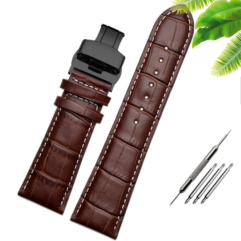 Genuine Leather Watch-Strap Band with Butterfly Clasp