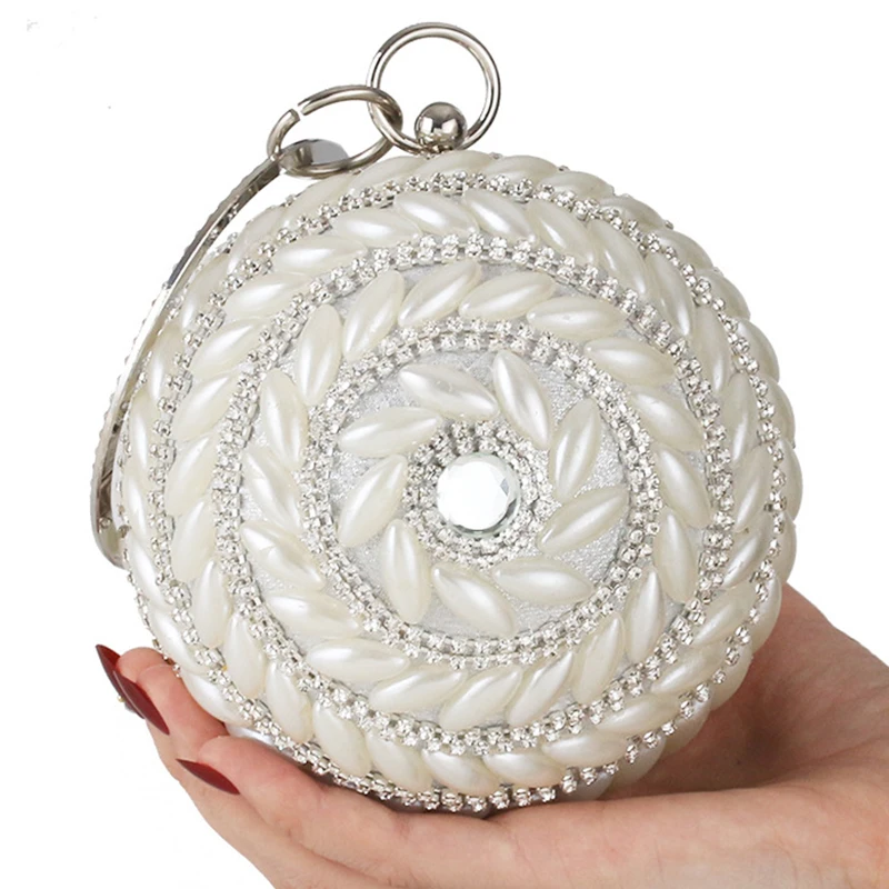 Round Ball Shape Big Pearl Women Wedding Clutch Luxury Diamond Lady Silver Evening Clutches Shoulder Purse Crossboday Handbags