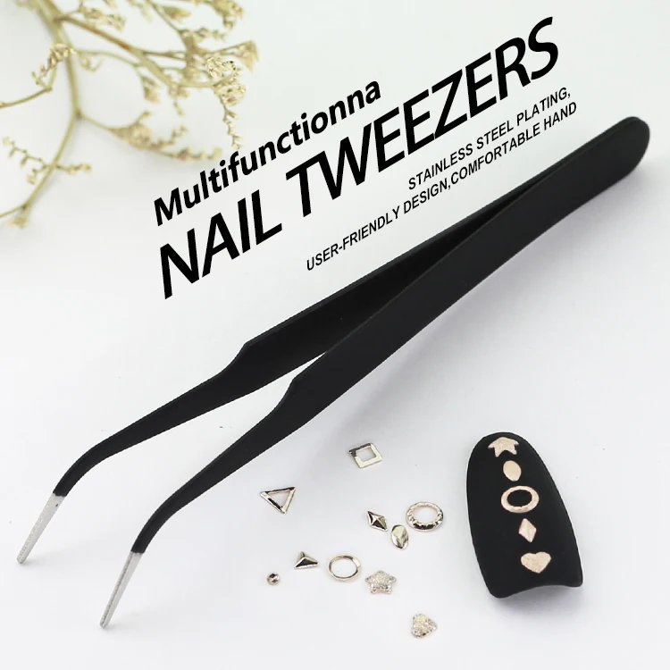 Arte Clavo Nail Tweezers Stainless Steel Eyebrow Black Elbow Tweezers Pick Tool False Eyelash Nail Art Picking Rhinestones Tool