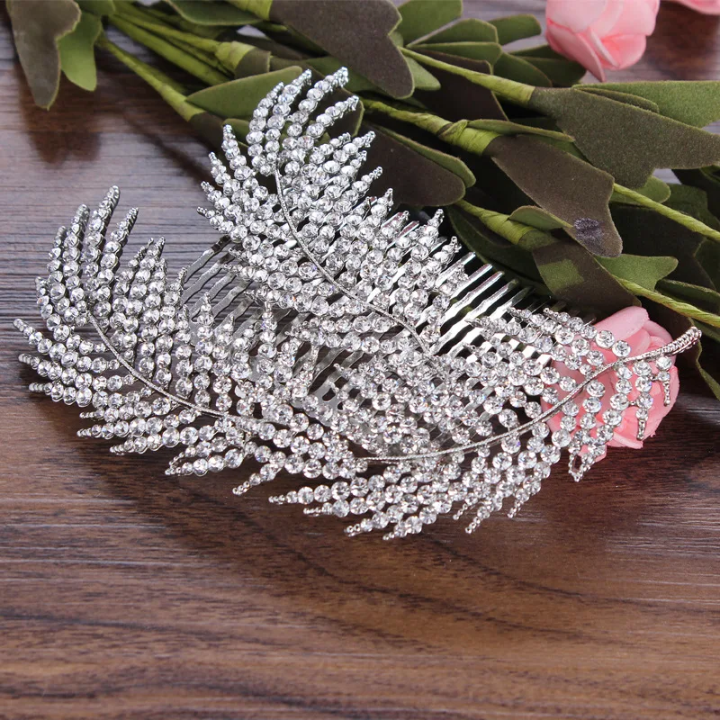 TREAZY Diamante Rhinetone Crystal Feather Bridal Hair Combs Vintage Silver Color Brides Tiara Women Wedding Hair Accessories image 3