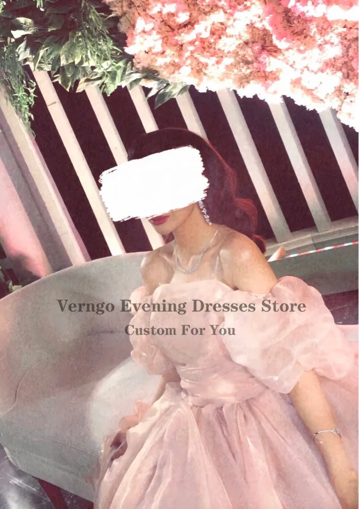 Verngo Elegant Saudi Arabia Light Blush Organza Long Prom Dresses Puff Sleeves Strapless Floor Length Princess Evening Gowns