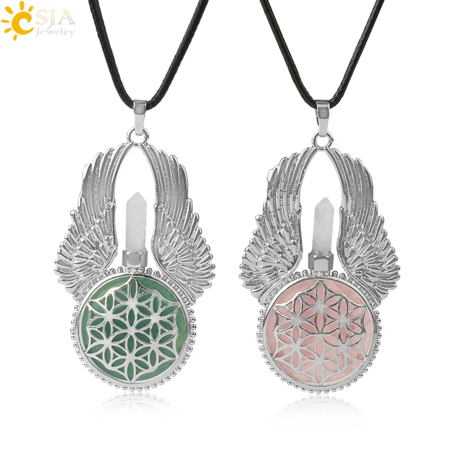 CSJA Amethysts Natural Stone Pendant Reiki Women Angel Wings Necklaces Flower of Life Necklace Wrapped Crystal Angel Caller G800
