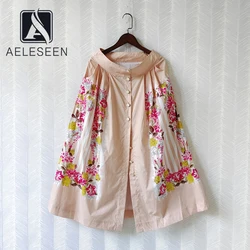 AELESEEN Designer Fashion Summer 100% Cotton High Waist Skirt 2024 Women Pink Flower Print Button Splited Long Skirts