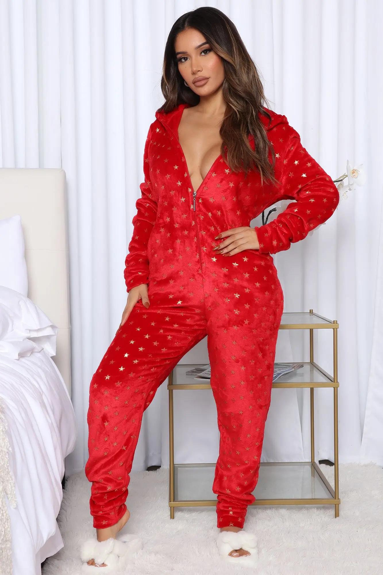 Print Christmas Sleepwear 1 Piece Pajama For Adult Women Fall Fashion Casual Long Sleeve Trousers Hooded Jumpsuit Homewear