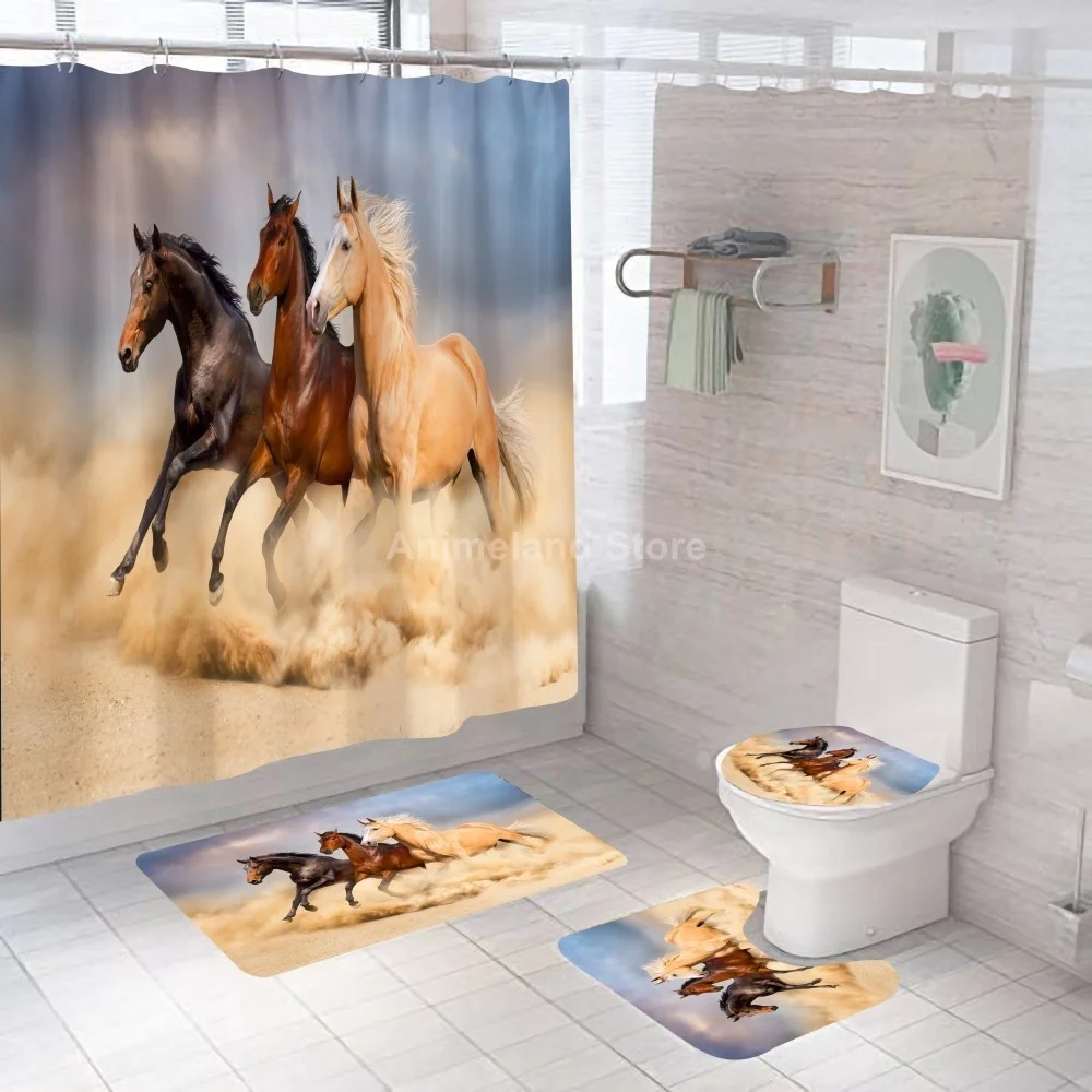 

Running Horse Shower Curtains Animal Cool Bathroom Curtain Bath Set Toilet Cover Mat Non-Slip Washroom Rug Set Modern 180x180cm