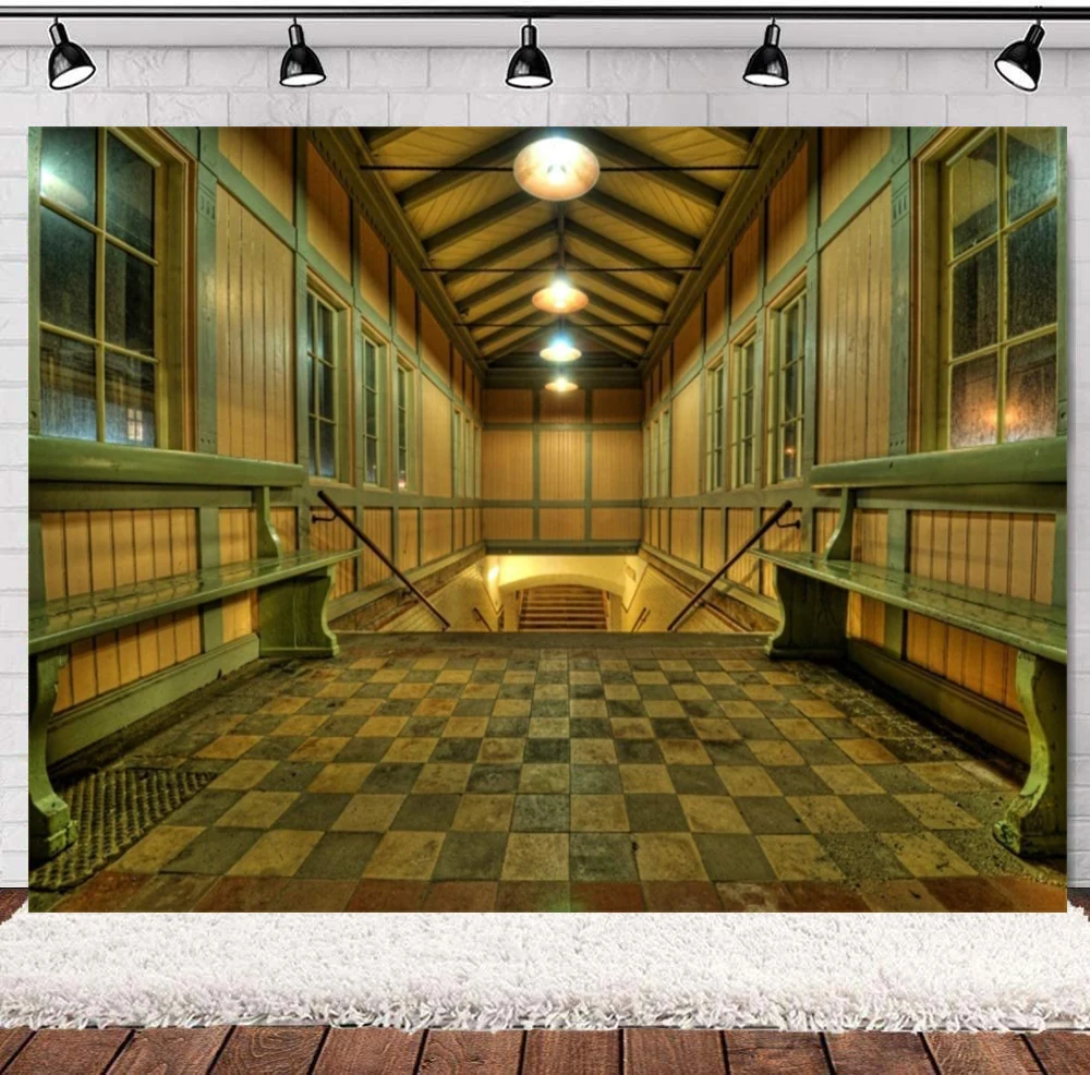 ทิ้งสถานีรถไฟการถ่ายภาพฉากหลัง Vintage Grunge อาคารไม้ Bench Rustic สถาปัตยกรรม Night View พื้นหลัง