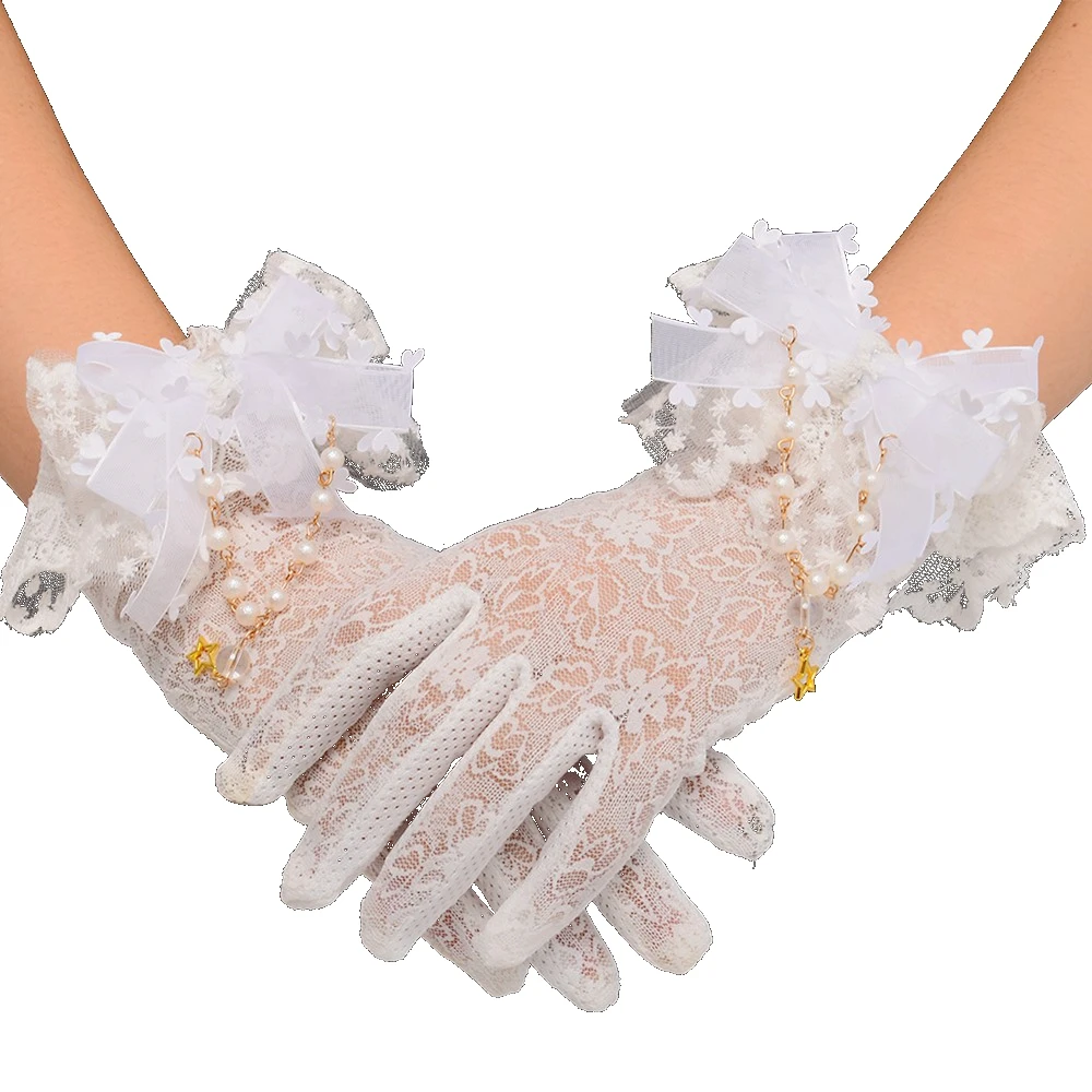 Women Lolita Lace Gloves White Cute Bead Chain Gloves for Bride Gifts