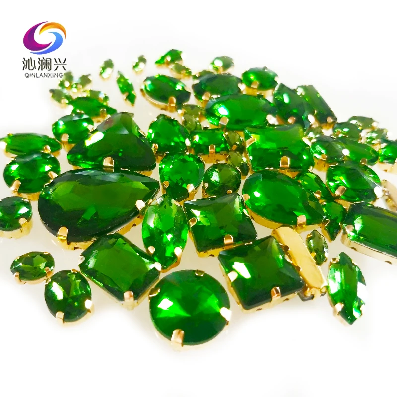 Mixed 58Pcs Top Grade Crystal Galss Sewing Rhinestones, Gold Bottom Grass Green Sew on Stones, DIY Clothing Accessories