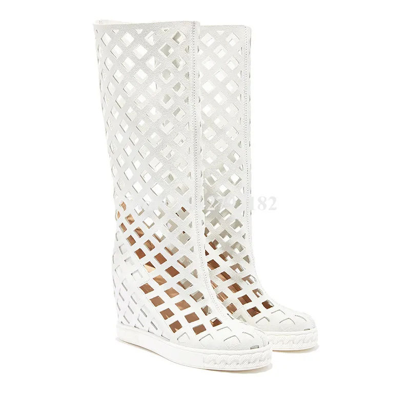 Spring Summer New Fashion Round Toe Cut-out Knee High Wedge Gladiator Boots White Black Suede Long Wedges Causal Shoes